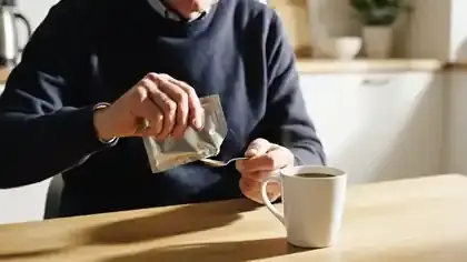A man in his sixties squeezing pale paste from a small foil packet onto a teaspoon beside a mug of coffee