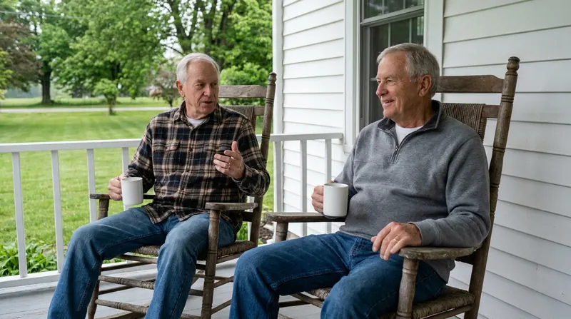 Two men in their sixties talking over coffee on a front porch in the morning
