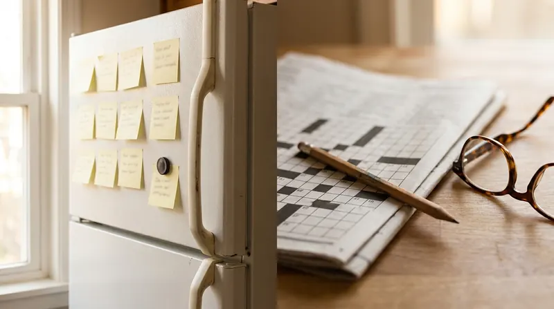 Split image of a refrigerator door covered with yellow sticky notes and a newspaper crossword with a pencil and reading glasses