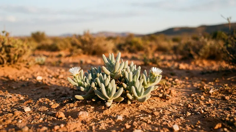 A small succulent kanna plant with fleshy leaves and white flowers in dry sandy soil