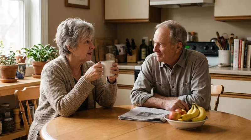 An older married couple talking across a kitchen table over morning coffee