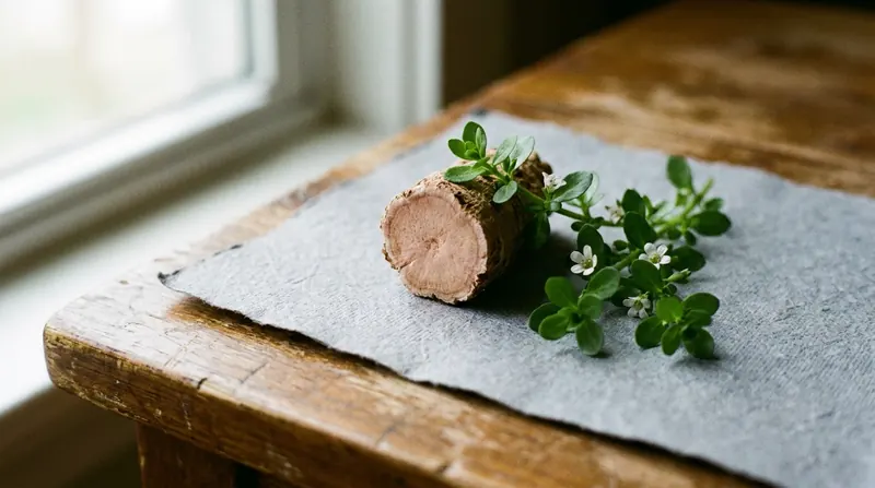 A cut piece of dried rhodiola root beside a sprig of bacopa leaves and small white flowers on gray paper