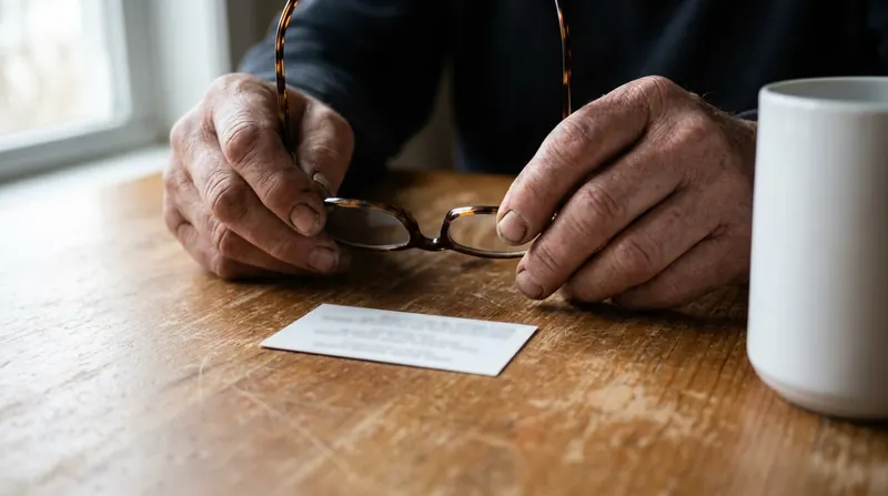 A man's hands holding reading glasses over a small printed card on a kitchen table