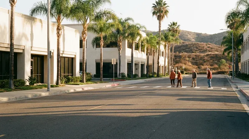 A quiet San Diego street at dawn with palm trees and dry hills at the end