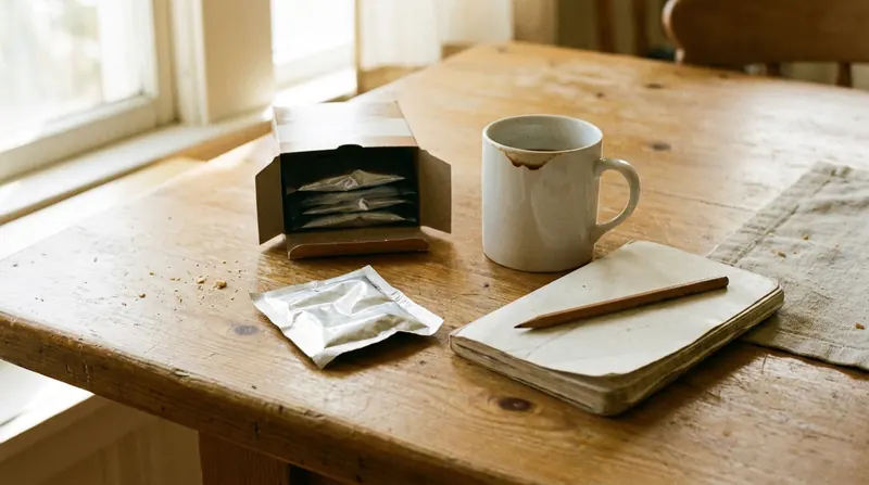 A kitchen table with an open box of foil packets, one empty folded packet, an empty coffee mug and a closed notebook with a pencil