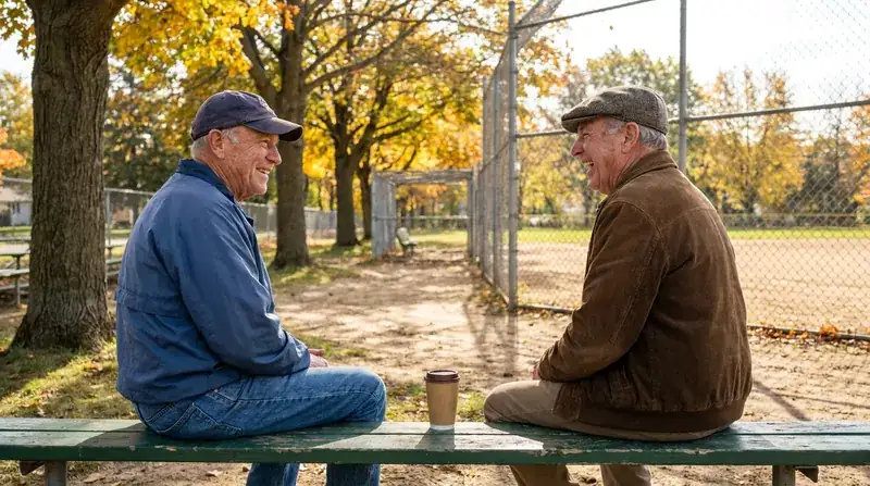 Two older men laughing together on a park bench beside a ball field in the autumn