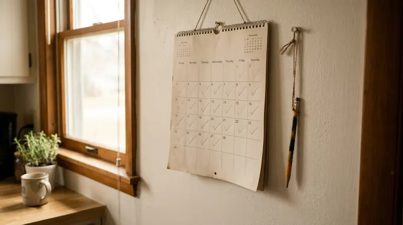 A paper wall calendar in a kitchen with small pencil ticks on most of the days of the month