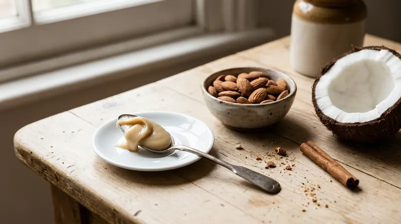 A teaspoon of pale paste on a saucer beside a bowl of almonds, a halved coconut and a cinnamon stick