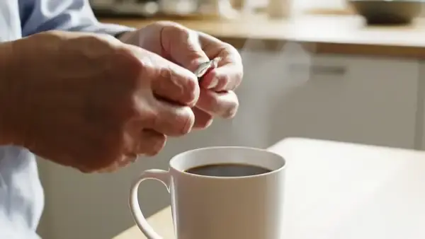 A man's hands squeezing pale paste from a small foil packet into a mug of coffee and stirring it