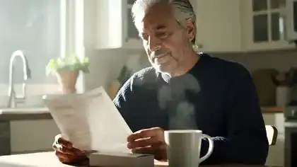 A man in his sixties reading a printed page at a kitchen table beside a mug of coffee and a small slim box