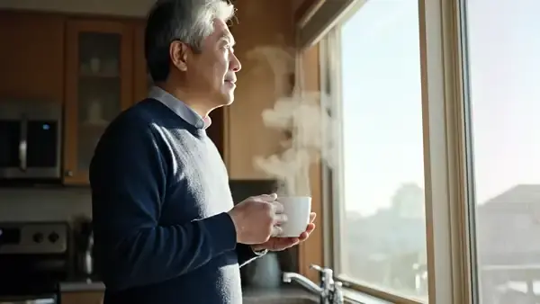 A man in his sixties at a kitchen window in early morning holding a mug of coffee and glancing at his watch