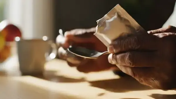 A man's hands squeezing pale paste from a foil packet onto a teaspoon and tilting it toward the light