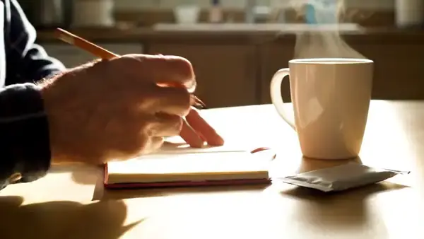 A man's hands writing a line in a small notebook beside a mug of coffee and an empty foil packet