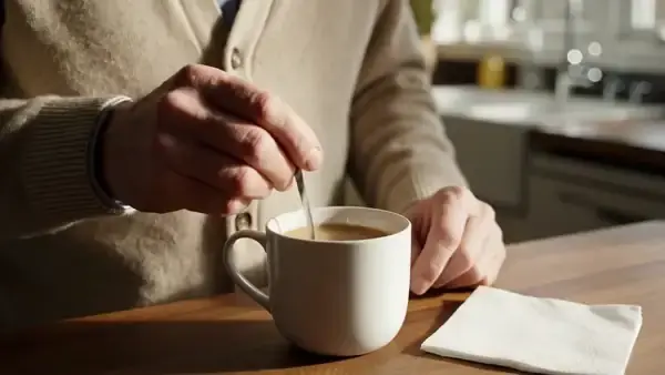 A man's hand stirring a mug of coffee and tapping the spoon on the rim before setting it down