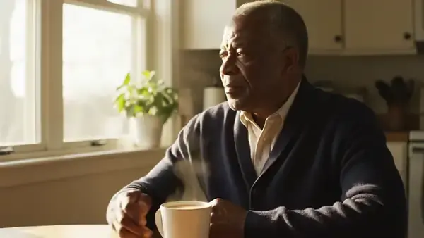A man in his sixties taking a slow sip of coffee at a kitchen table and giving a small nod